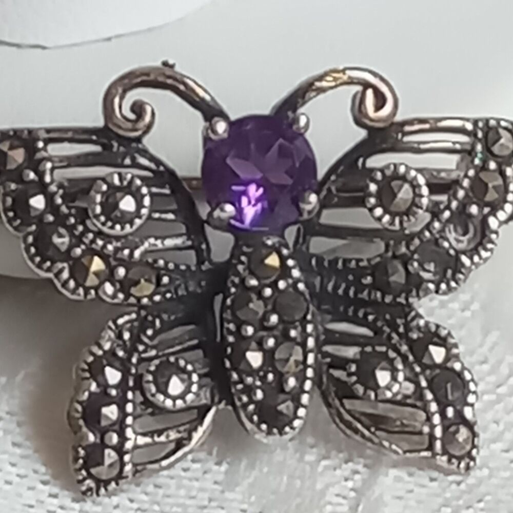 VINTAGE STERLING SILVER 925 AMETHYST MARCASITE BUTTERFLY 1in BROOCH PIN READ